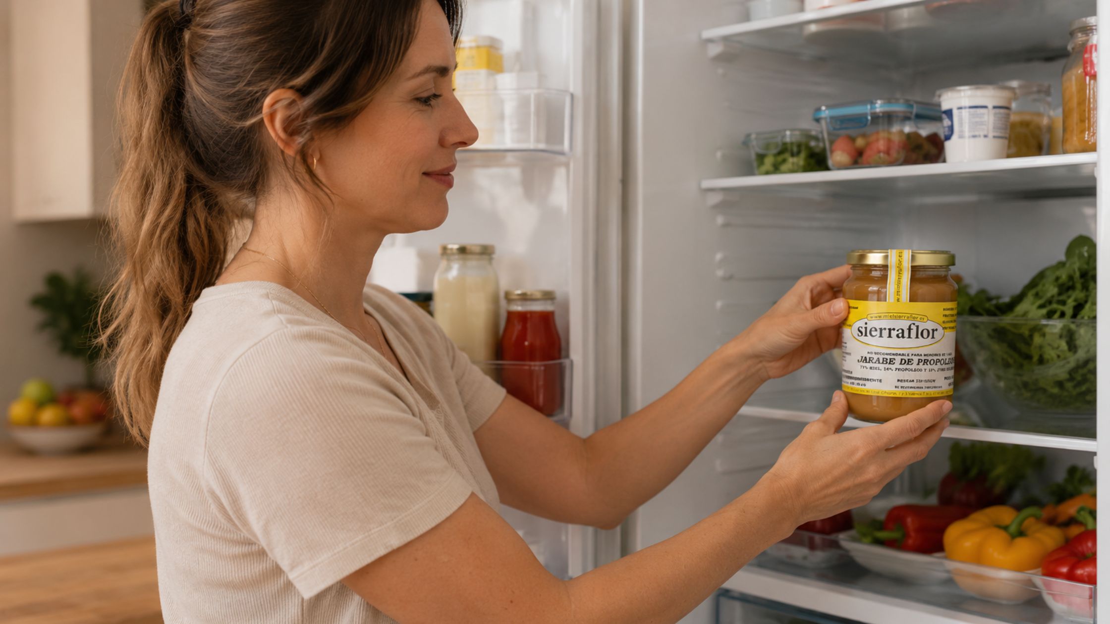 mujer con preparadod e miel con propóleo