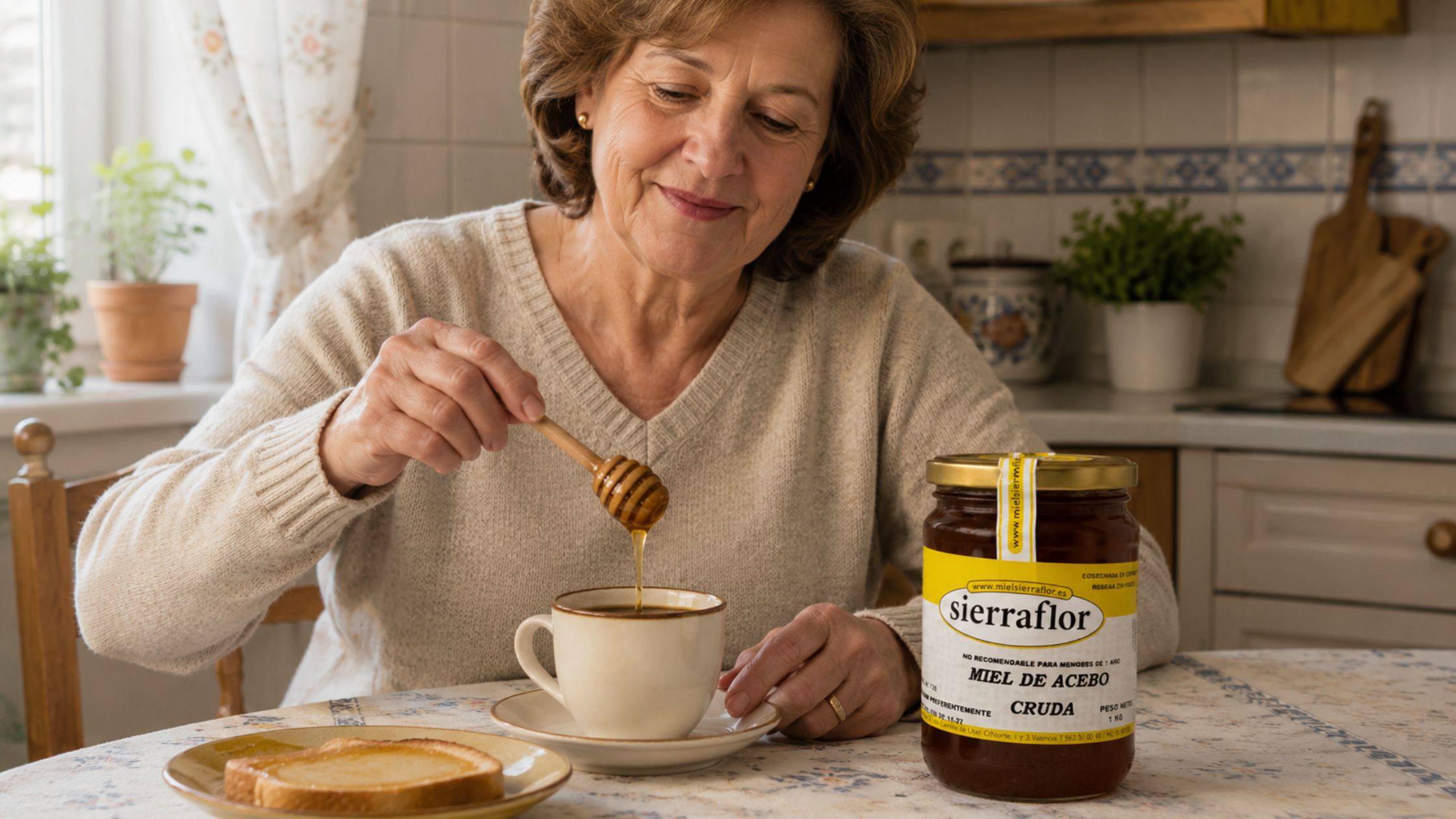 Mujer usando miel para su bebida