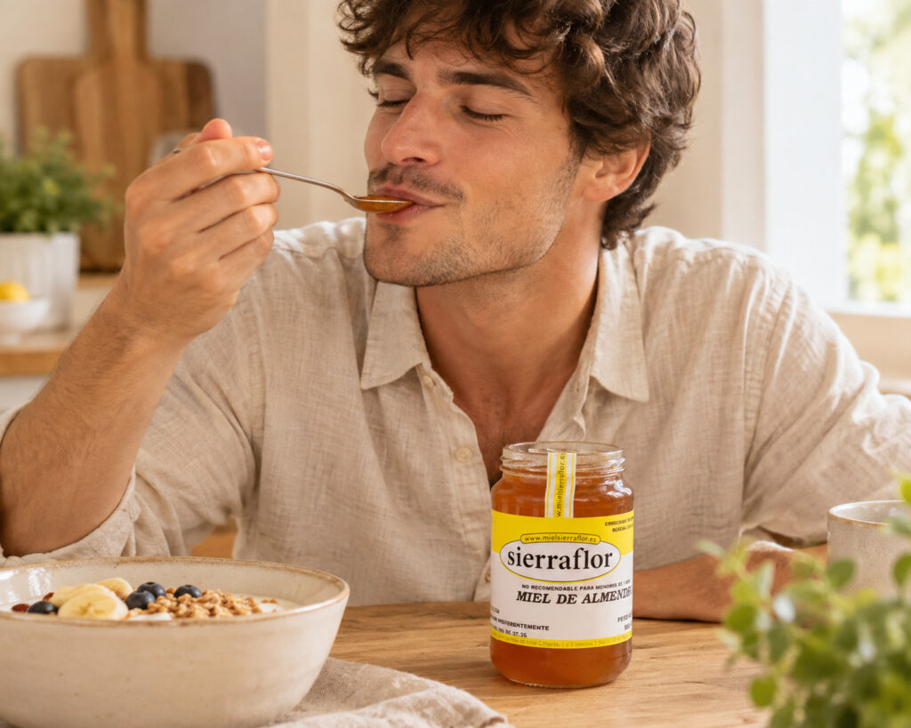hombre desayunando con su miel de Sierraflor